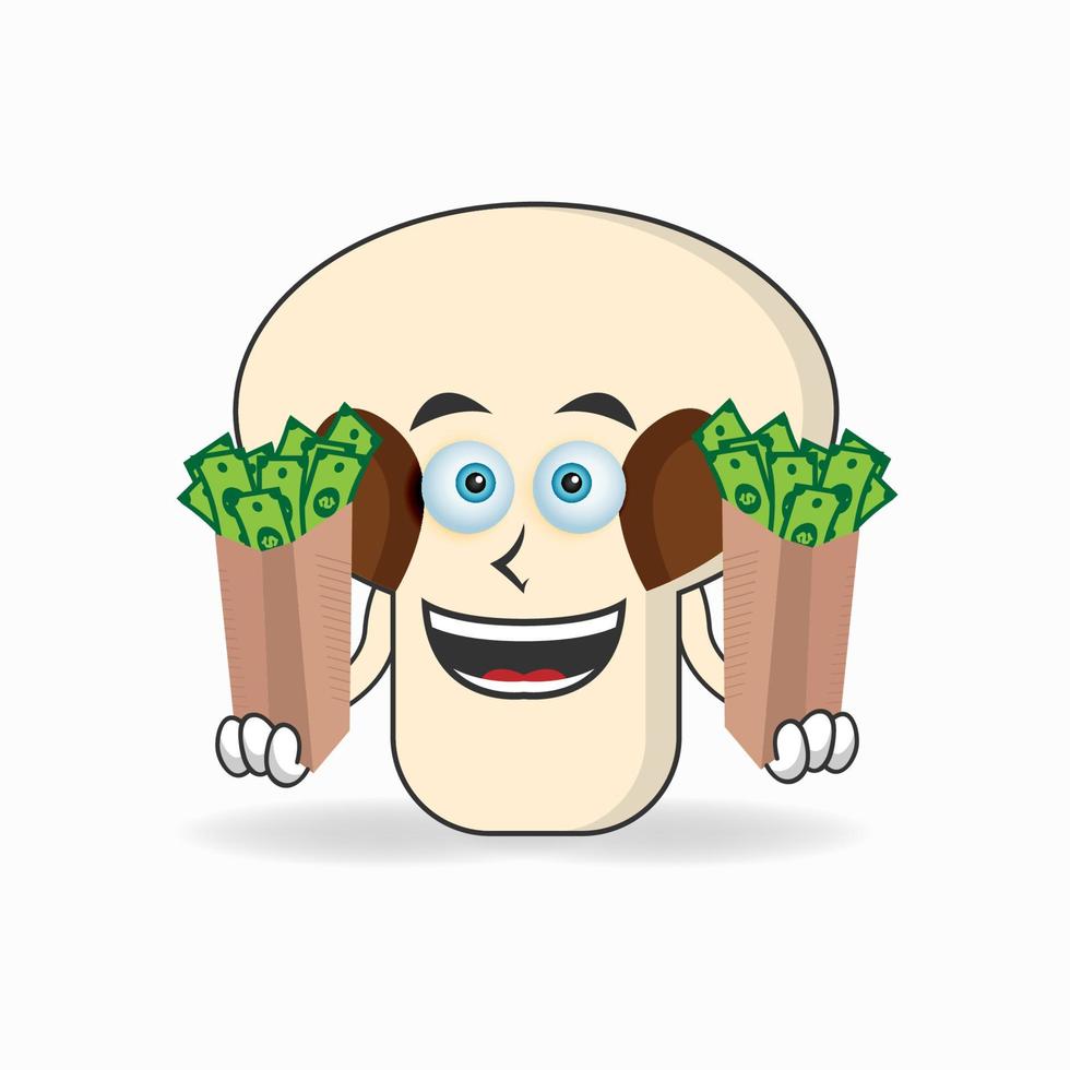 funghi mascotte personaggio che tiene soldi. illustrazione vettoriale