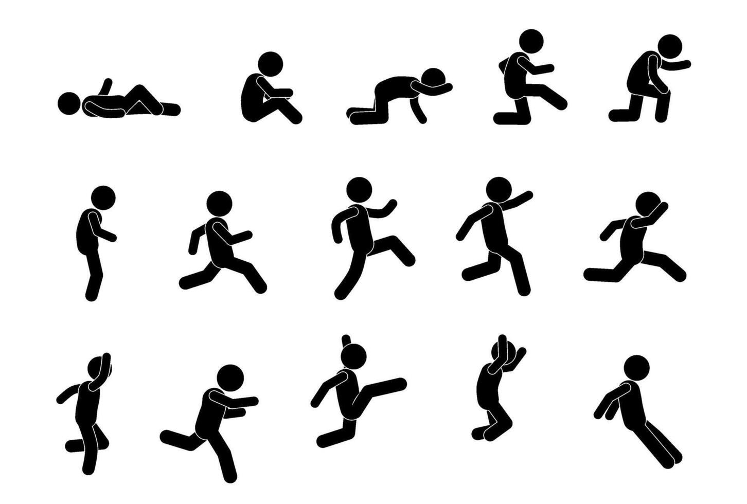 bastone figura impostare, pittogramma, stickman. salto, correre vettore