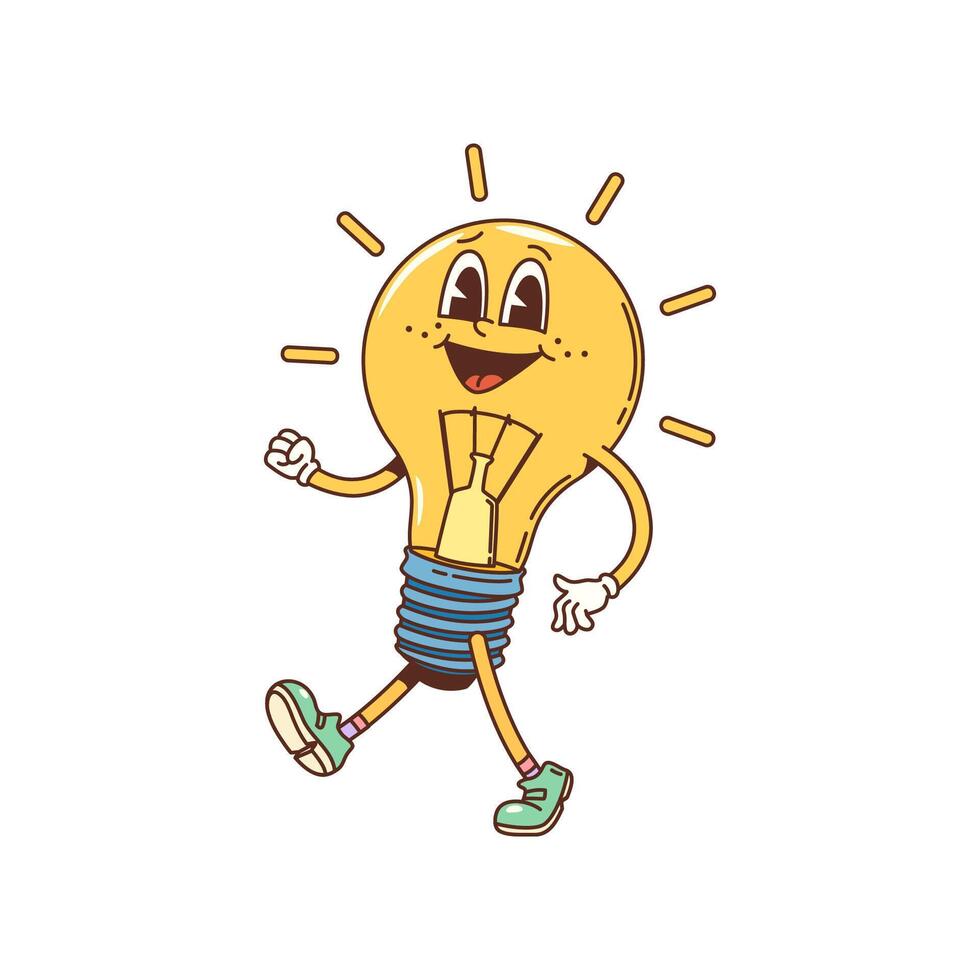 cartone animato Groovy leggero lampadina carattere, contento viso vettore