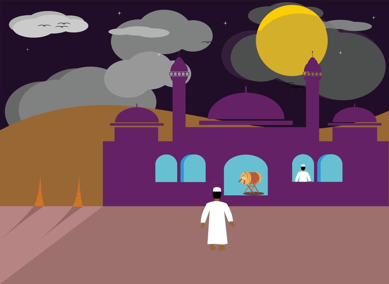 illustrazione piatta, design della moschea e uomo musulmano, con una bella luce della luna. disegni islamici per commemorare le festività islamiche. vettore