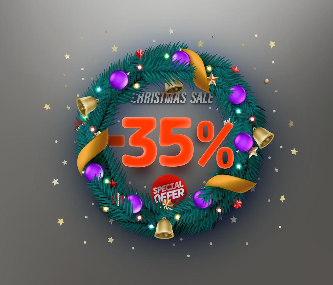 banner promozionale di vettore di offerta speciale di vendita di natale. trentacinque per cento di sconto