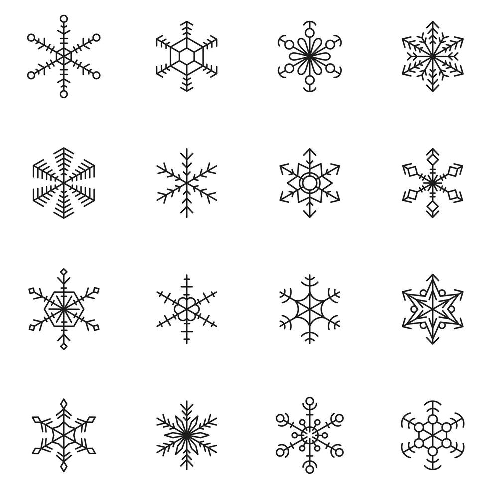 set di 16 diversi fiocchi di neve con geometria silhouette vettore