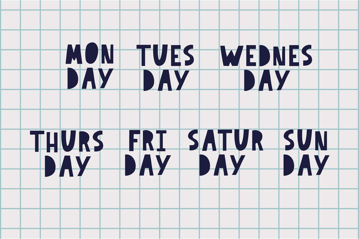 nomi dei giorni della settimana, tipografici grunge vintage, caratteri in stile timbro irregolare per i tuoi disegni di calendario vettore