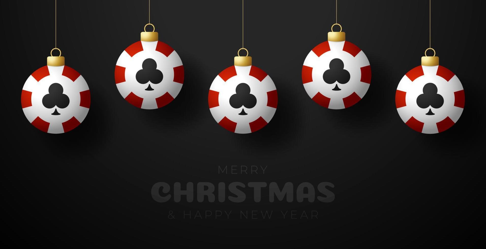 biglietto di auguri di Natale del casinò. buon natale e felice anno nuovo appendere su un filo di fiches del casinò come una palla di natale. illustrazione vettoriale di sport.