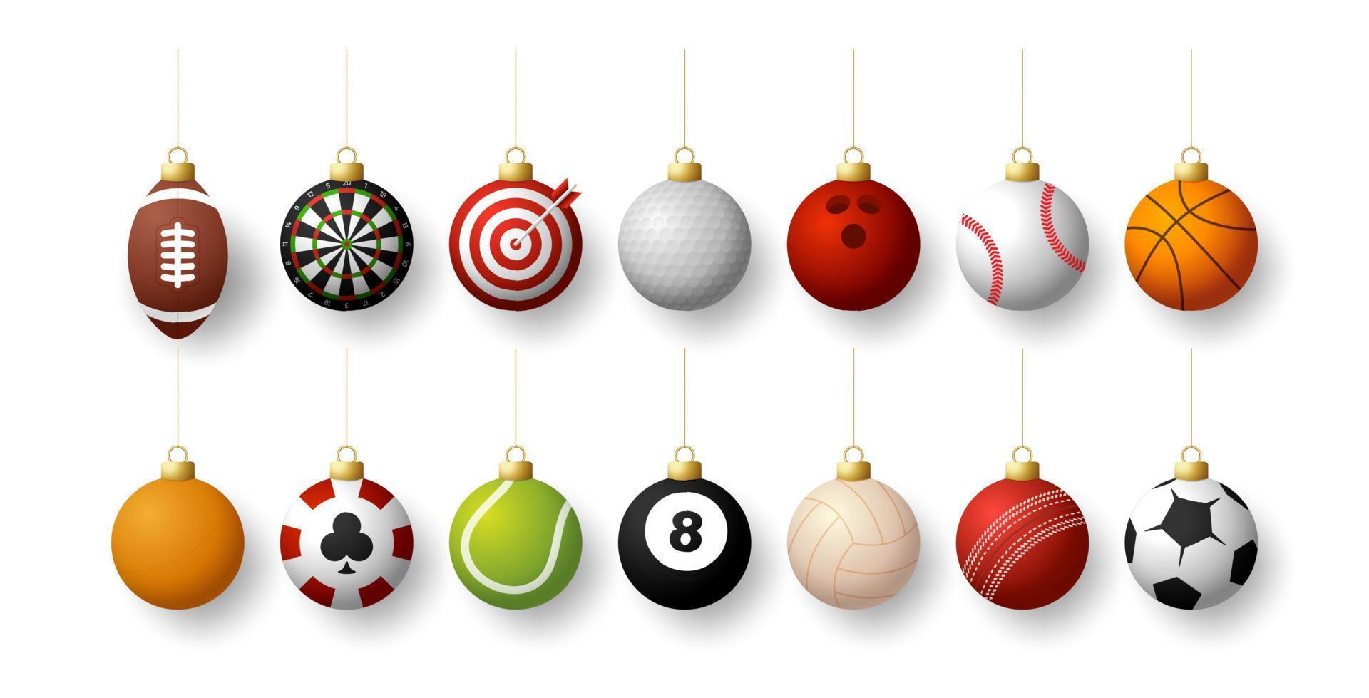 set di palle di natale sportive realistiche. set natalizio con sport baseball, basket, calcio, tennis, cricket, calcio, pallavolo, bowling, palle da biliardo appese a un filo. illustrazione vettoriale