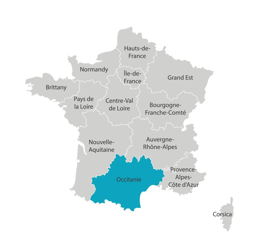 vettore isolato illustrazione di semplificato amministrativo carta geografica di Francia. blu forma di occitania. frontiere di il province, regioni. grigio sagome. bianca schema.