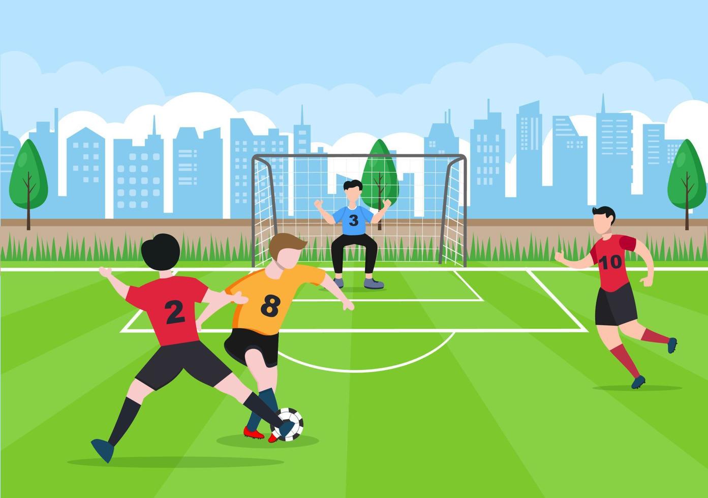 giocare a calcio con i ragazzi giocare a calcio indossare uniformi sportive vari movimenti come calciare, trattenere, difendere, parare e attaccare in campo. illustrazione vettoriale