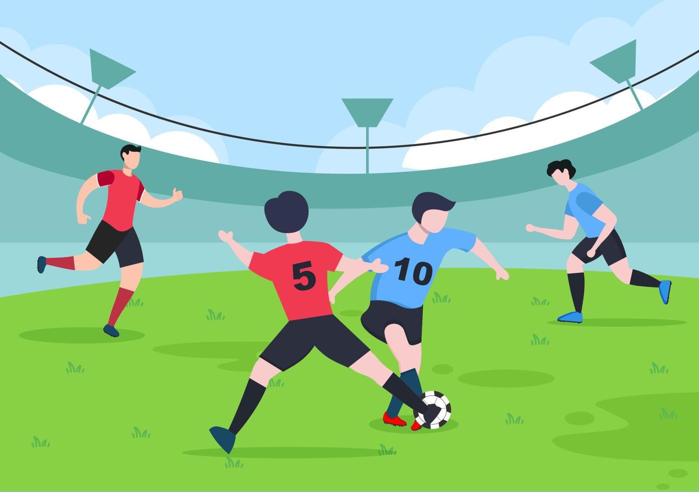 giocare a calcio con i ragazzi giocare a calcio indossare uniformi sportive vari movimenti come calciare, trattenere, difendere, parare e attaccare in campo. illustrazione vettoriale