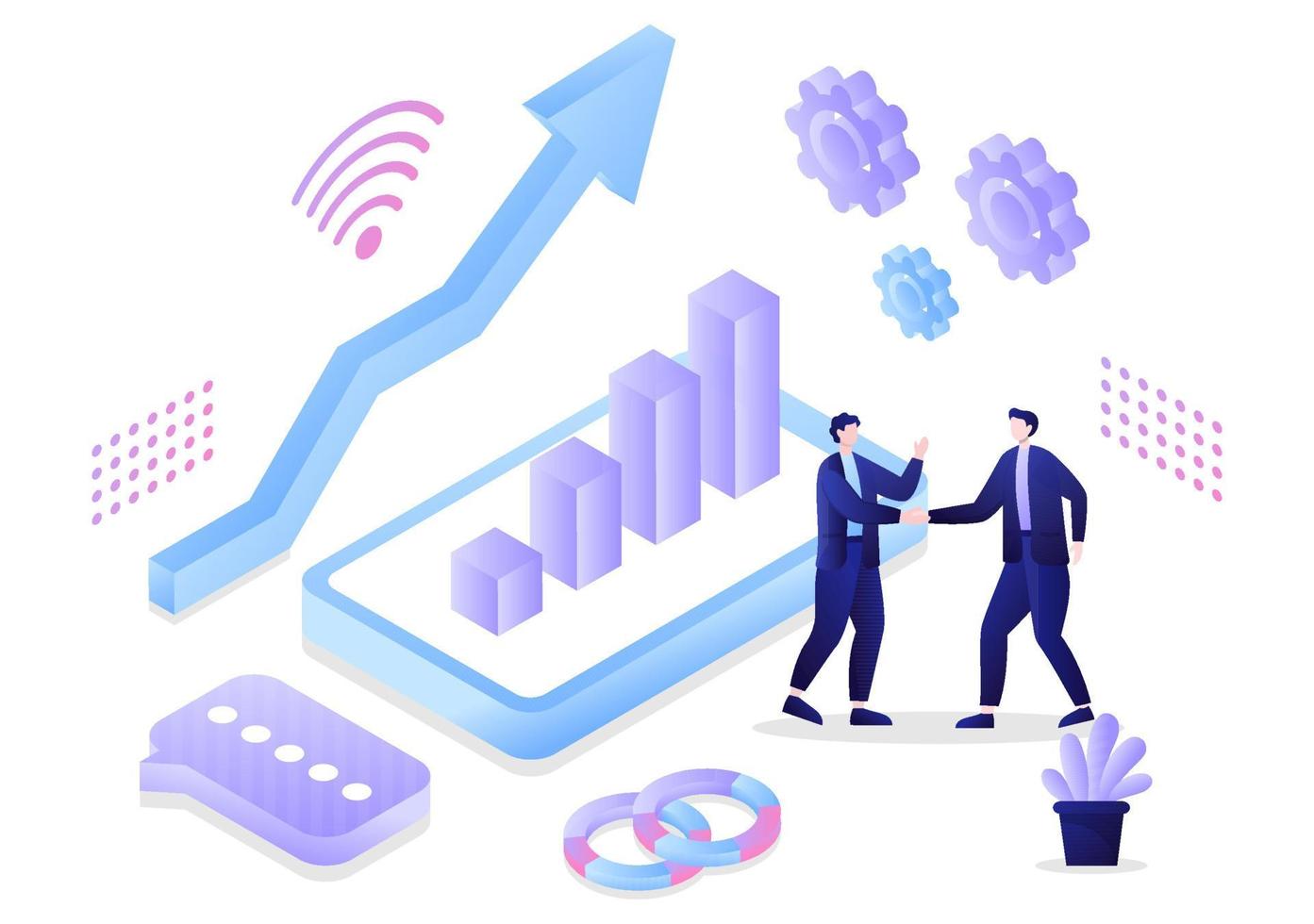 b2b o business to business illustrazione vettoriale di marketing. uomini d'affari e clienti si stringono la mano dopo aver impostato la strategia, le vendite e il commercio per la transazione concordata