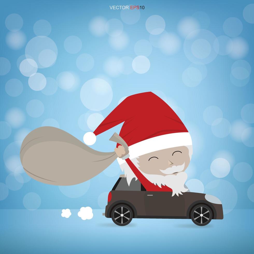 babbo natale in macchina. sfondo astratto di Natale. divertente personaggio dei cartoni animati sullo sfondo dell'inverno elegante. vettore. vettore