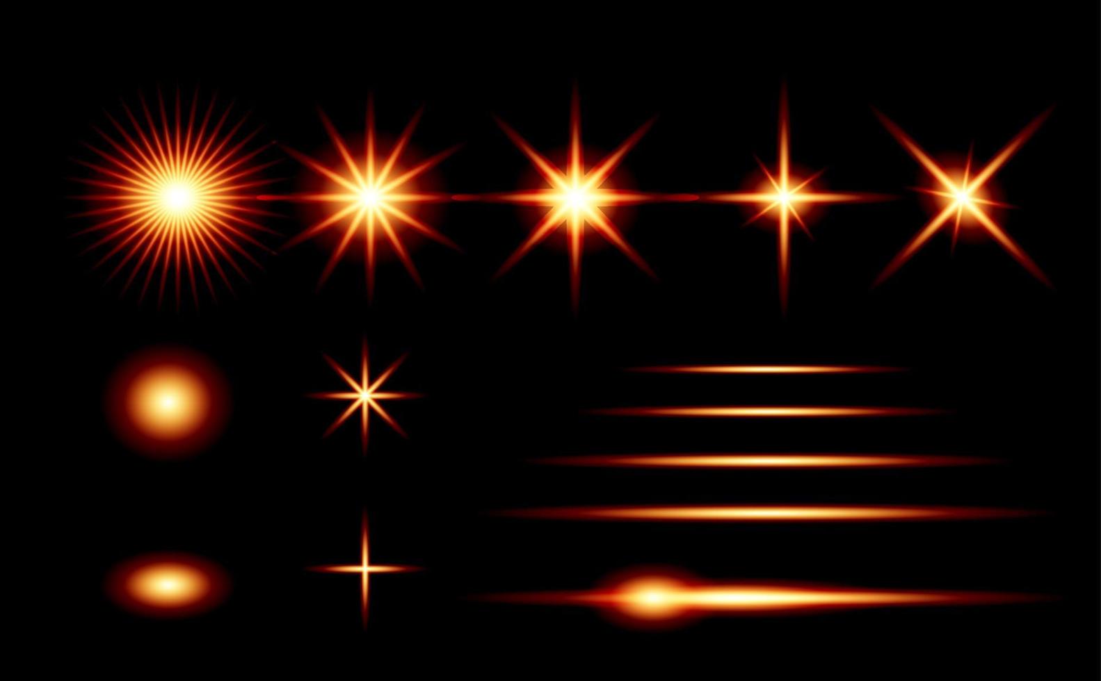 set di illuminazione starburst realistica isolato su sfondo nero. bagliore rosso, arancione, giallo, effetto luce bianca. esplosione di luce incandescente. stella luminosa illuminata vettore