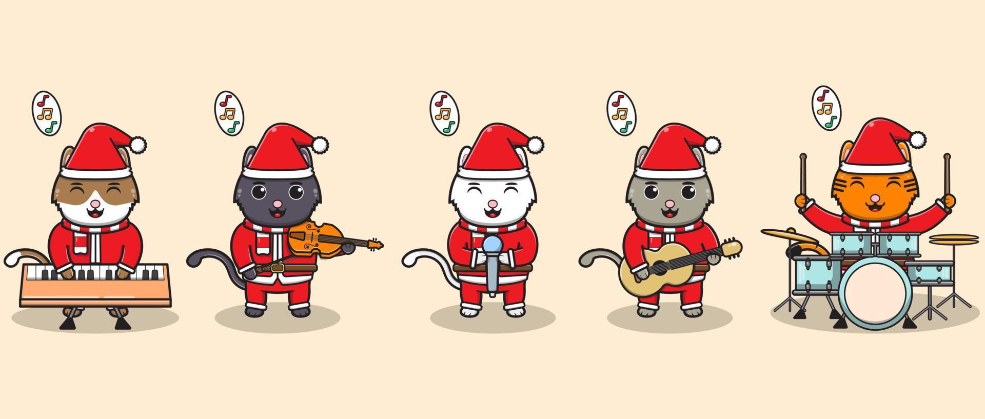 l'illustrazione vettoriale del simpatico gatto babbo natale suona uno strumento musicale