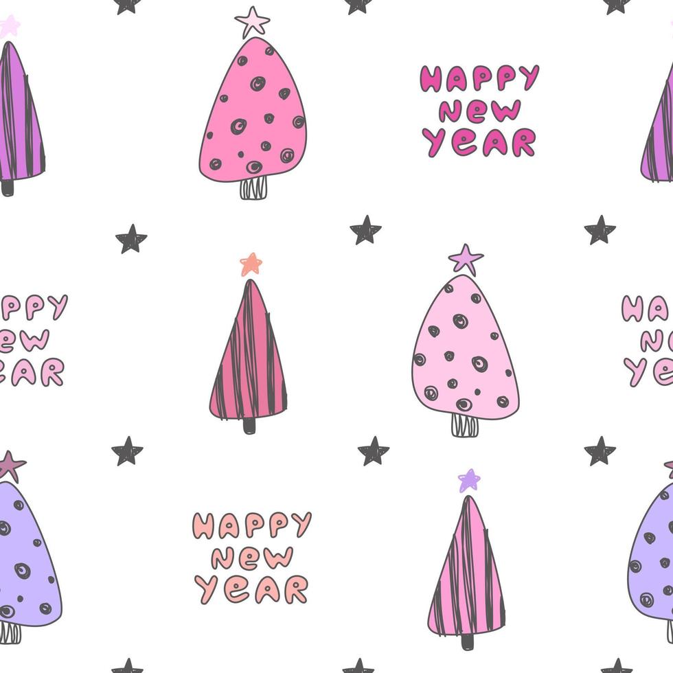 simpatico motivo bianco pastello con alberi di natale rosa stelle nere testo felice anno nuovo. sfondo senza soluzione di continuità. tessile per bambini album di carta digitale. vettore