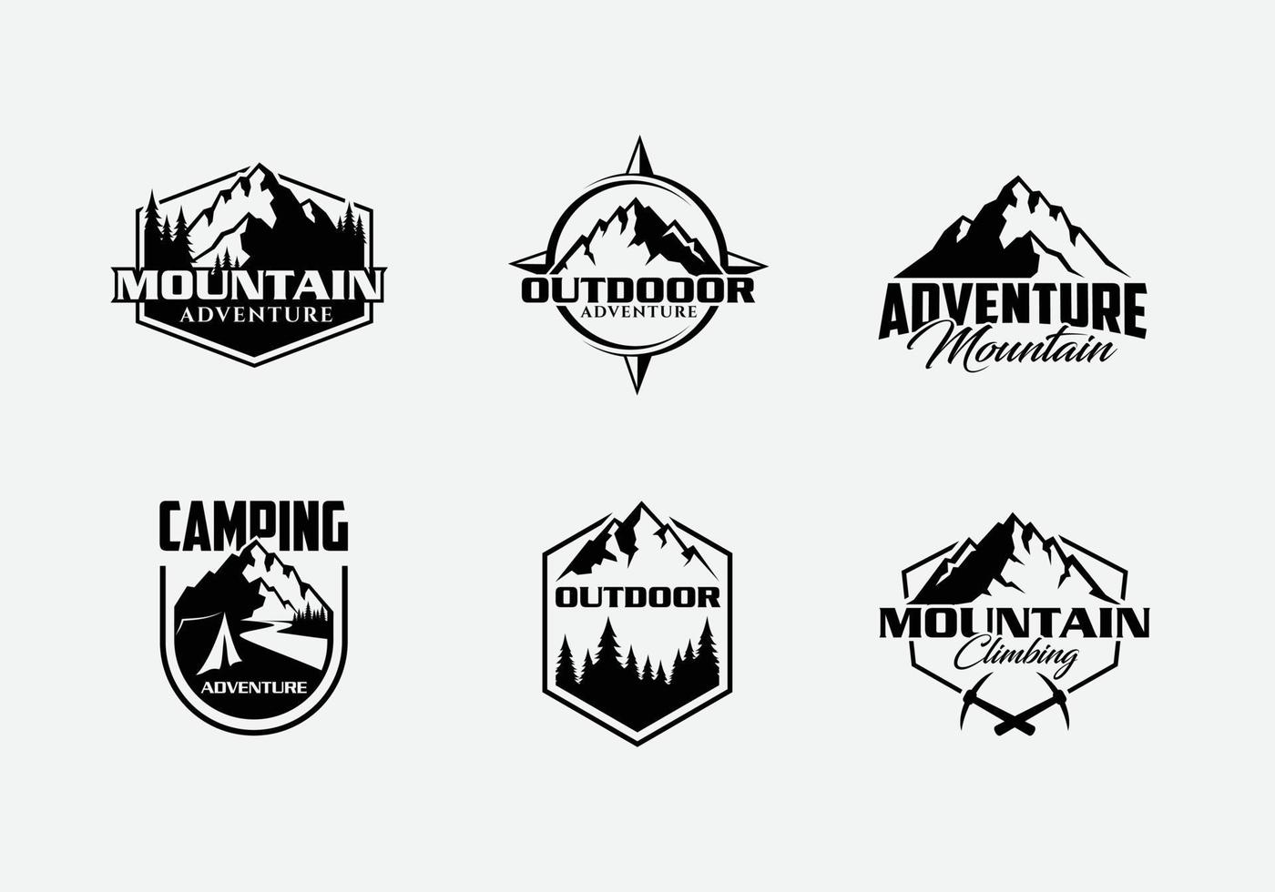 design del logo di montagna e pino relativo all'attività all'aperto vettore