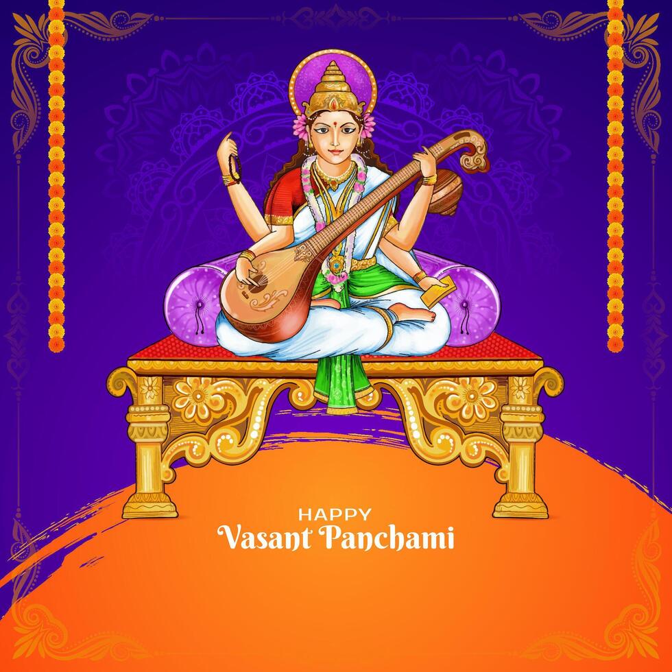 contento vasante panchami religioso indiano Festival carta con dea Saraswati design vettore