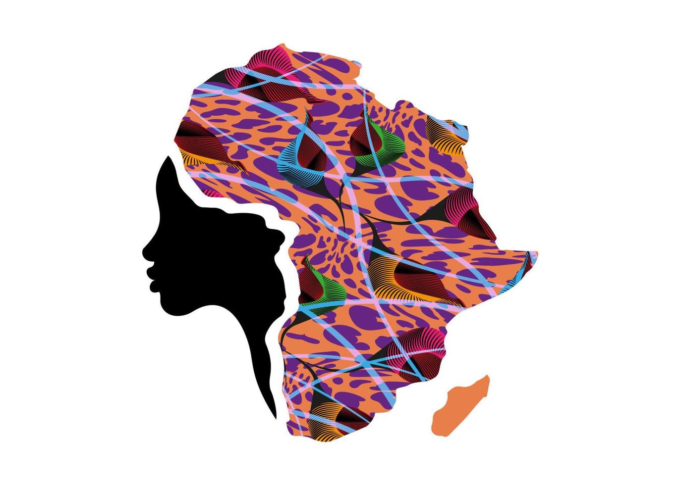 concetto di donna africana, sagoma del profilo del viso con turbante a forma di mappa dell'africa. tessuto colorato con stampa afro, modello di progettazione logo tribale illustrazione vettoriale isolato su sfondo bianco