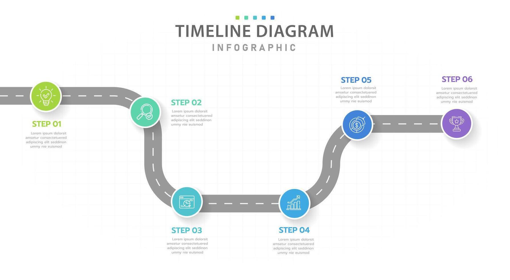 modello di infografica per le imprese. Diagramma temporale moderno a 6 passaggi con concetto di viaggio su strada, infografica vettoriale di presentazione.