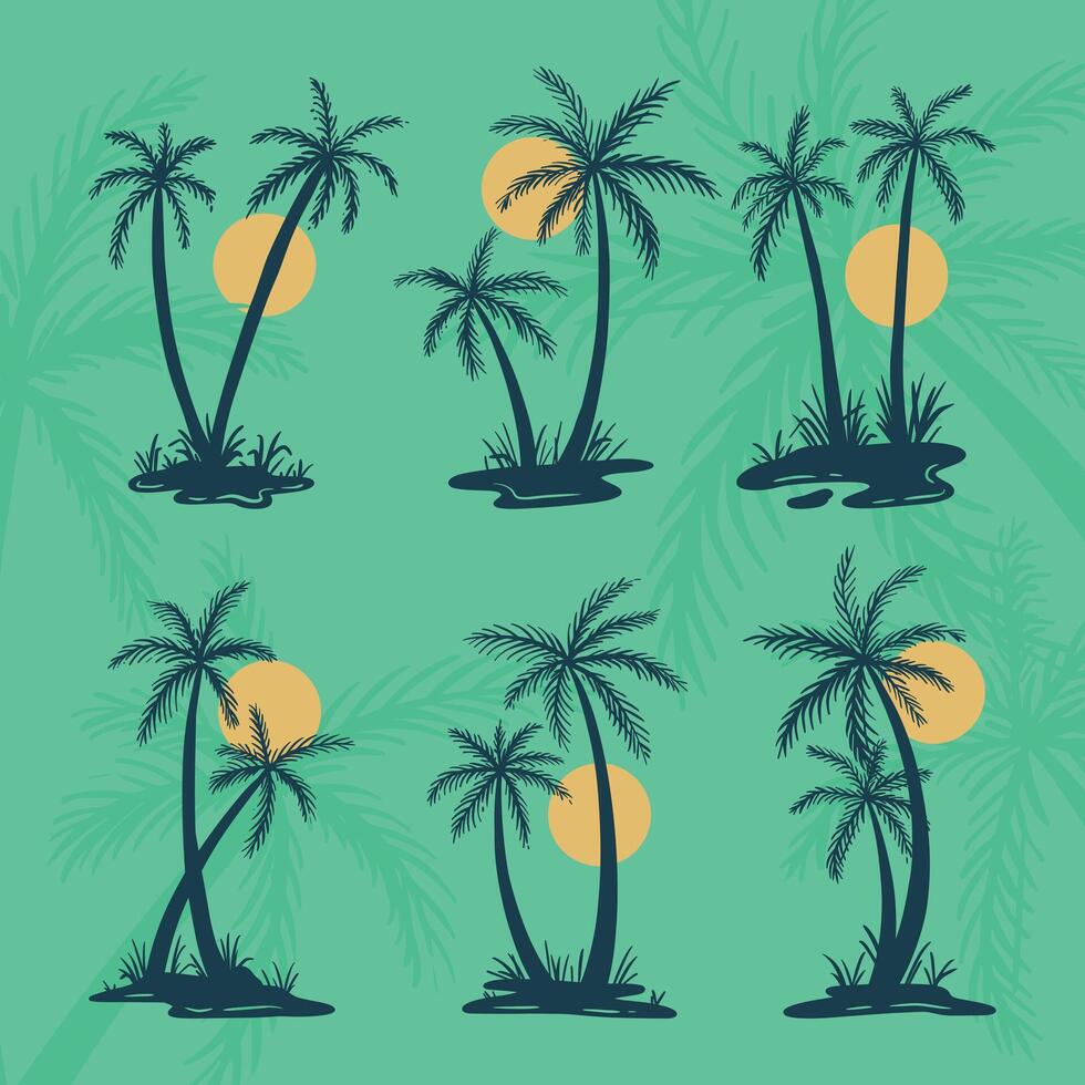 palma albero Noce di cocco albero tropicale tramonto spiaggia silhouette vettore impostato