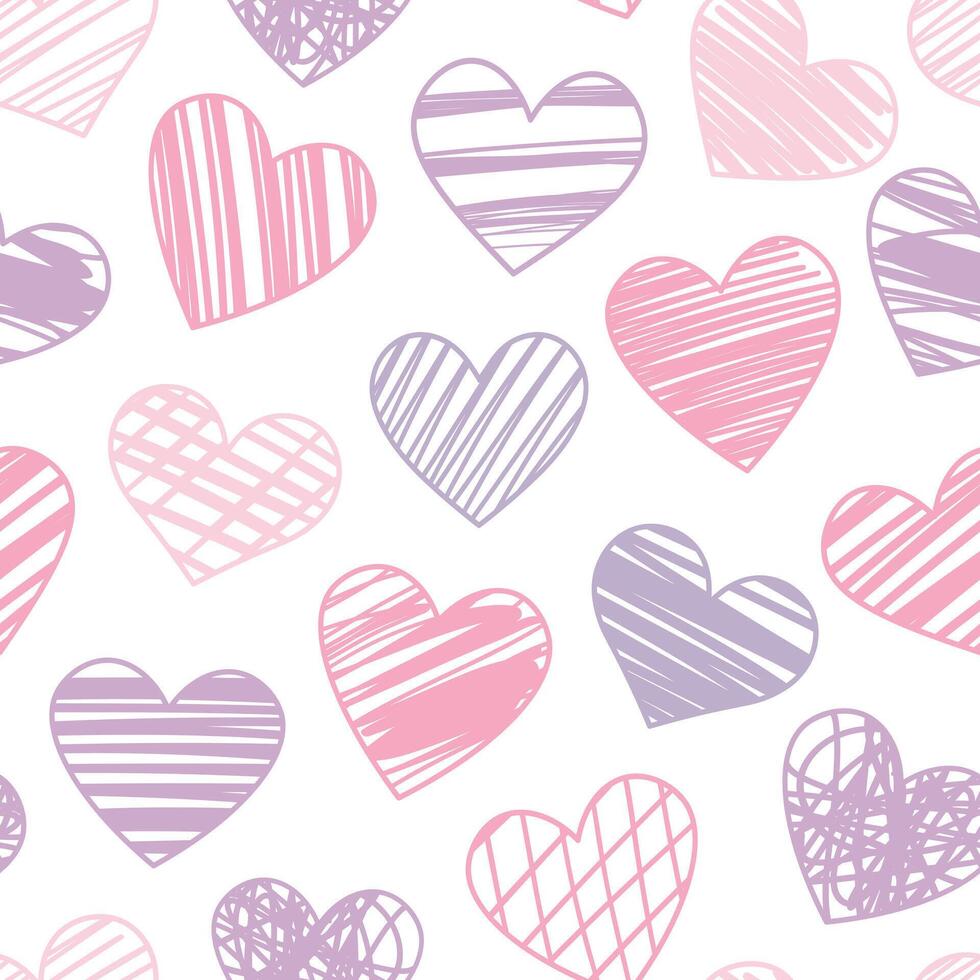 carino cuore modello con mano disegnato cuori, rosa e viola senza soluzione di continuità ripetendo backgorund design per San Valentino giorno celebrazione vettore