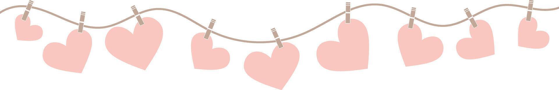 cuori su un' filo, carino San Valentino giorno decorazione, vettore clip arte illustrazione, pastello rosa cuore elementi, isolato