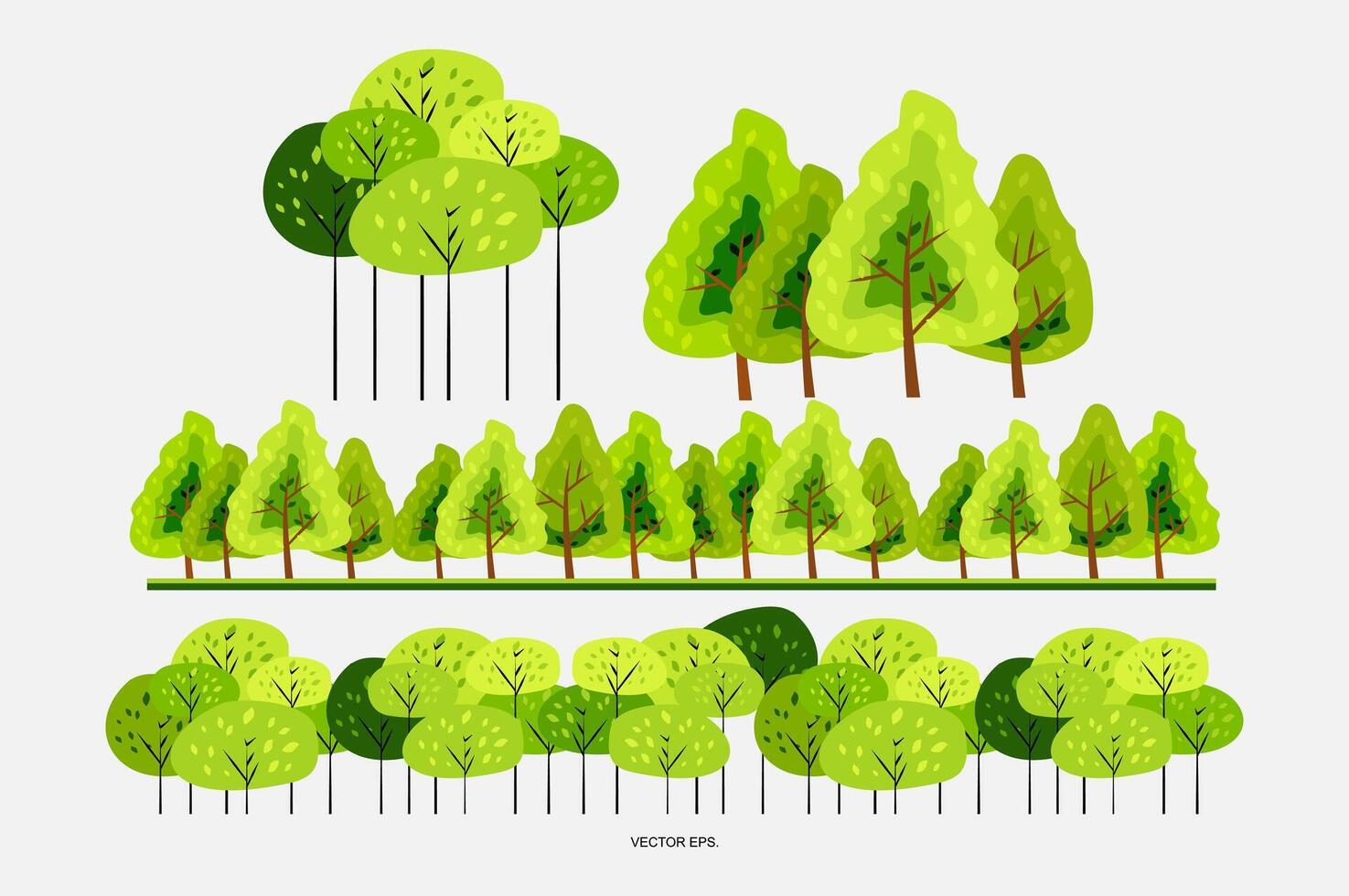 un' impostato di diverso alberi e cespugli vettore