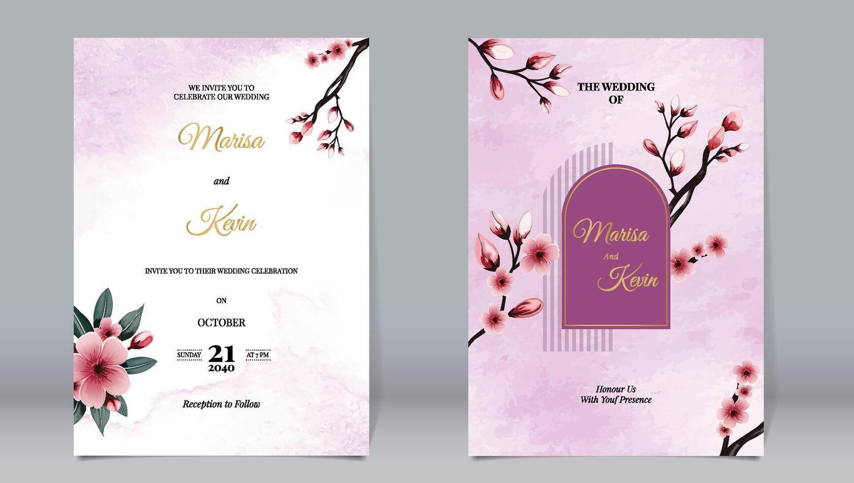 lusso nozze invito ciliegia fiori e oro elementi decorazione su acquerello sfondo vettore