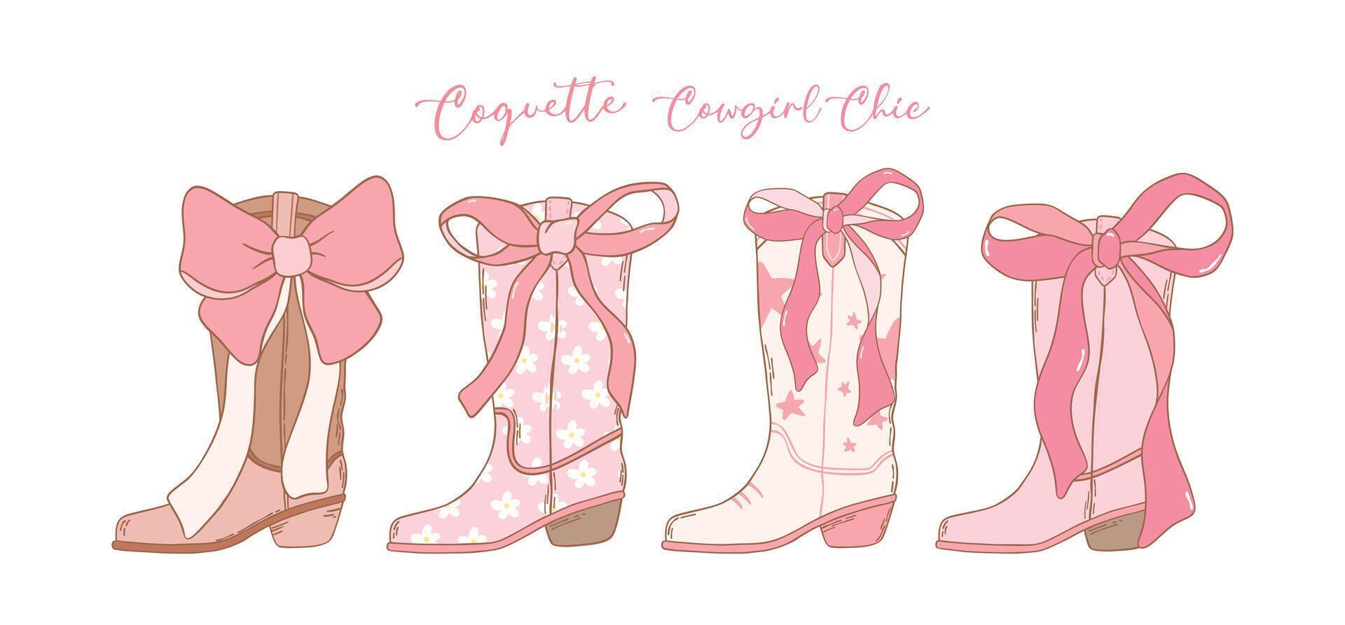 civetta rosa cowgirl stivali con nastro arco mano disegnato collezione vettore