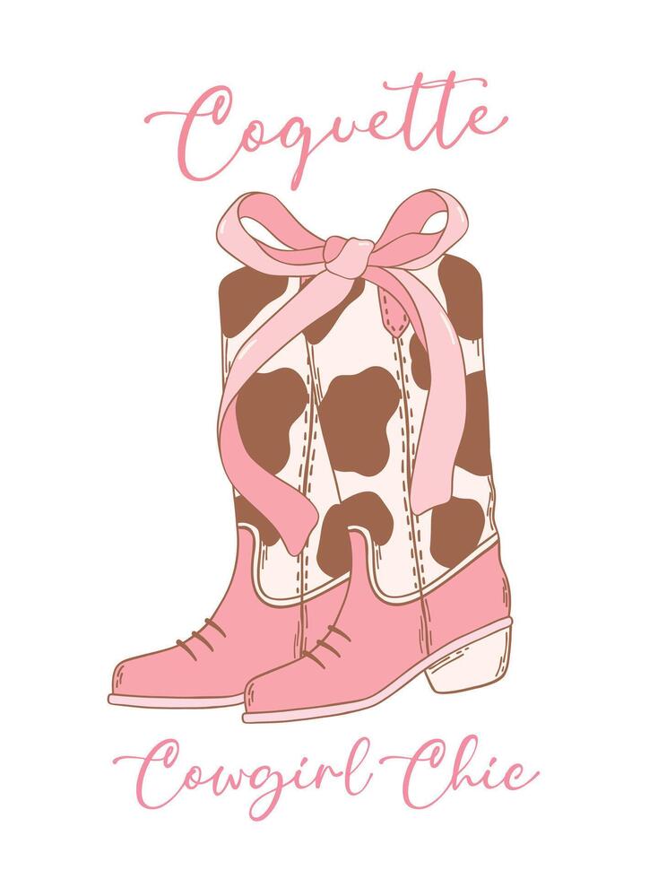 civetta cowgirl stivali con rosa nastro arco mano disegnato scarabocchio vettore