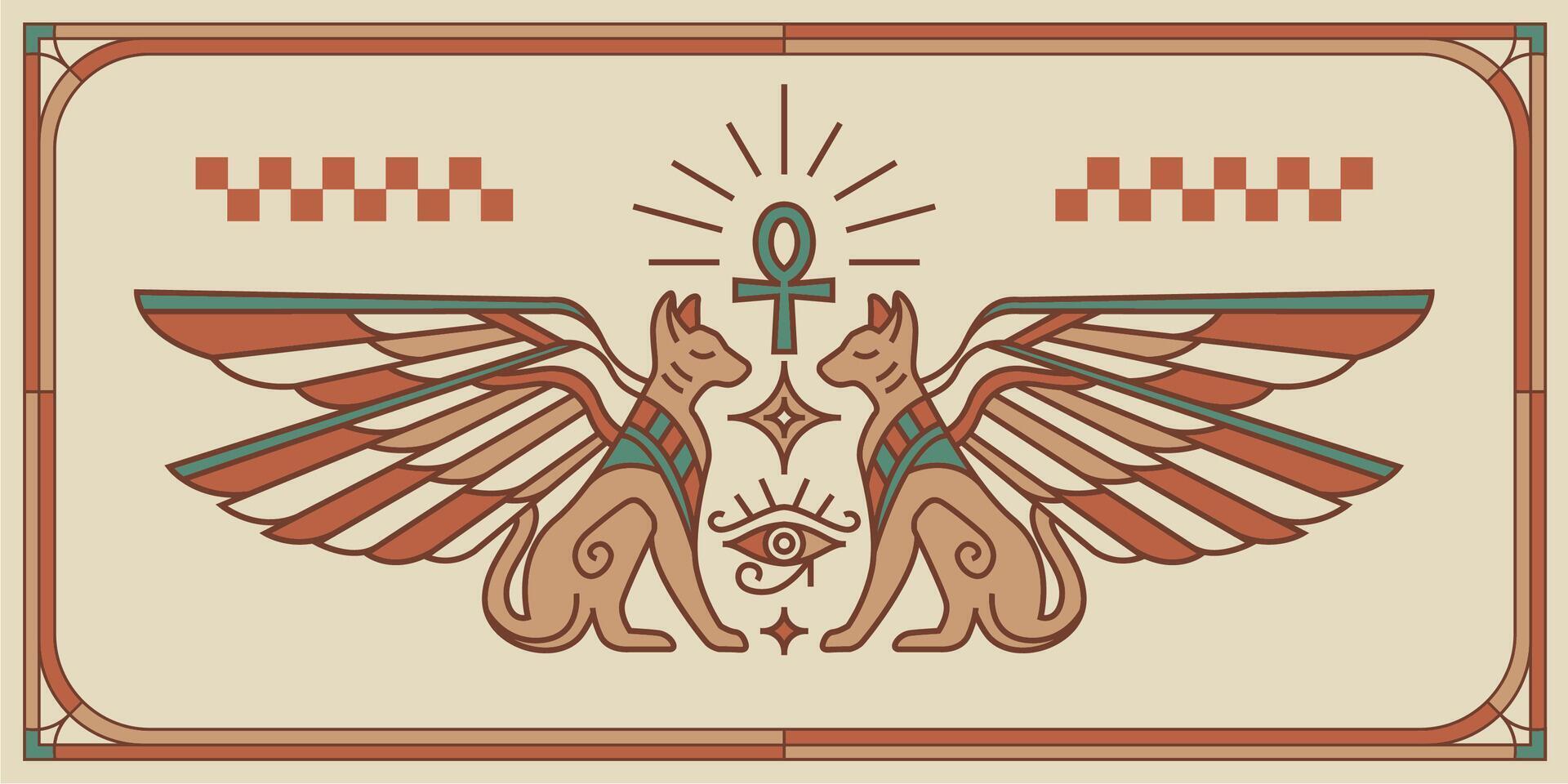 Due alato Egitto gatti, sacro occhio di Dio horus. antico Egitto Vintage ▾ arte fricchettone linea arte illustrazione vettore con occhio di Horus con sacro scarabeo Ali parete arte design nel schema minimo design