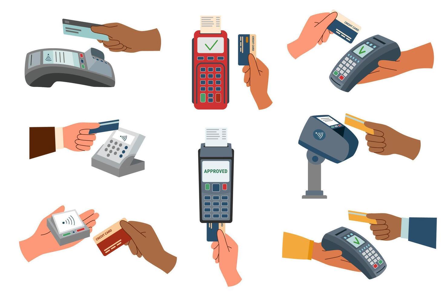 impostato di pagamento terminali e mani con credito carte. senza contatto pagamento concetto. vettore