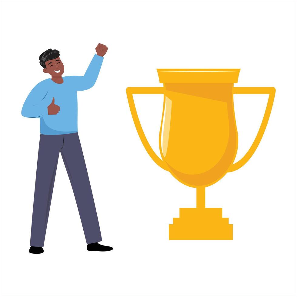 cartone animato vettore illustrazione di un' nero uomo festeggiare realizzazione con un premio d'oro tazza