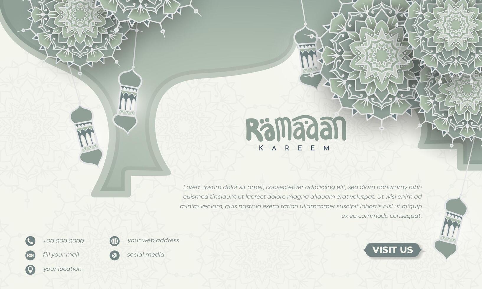 Ramadan sfondo design con mandala nel mano disegnato e lanterna disegno, islamico sfondo nel verde menta disegno, Ramadan kareem bandiera modello vettore