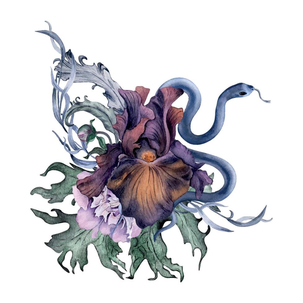 acquerello viola iris fiore e le foglie isolato su bianca. Gotico floreale illustrazione con serpente mano disegnato. buio botanico nozze decorazione nel Vintage ▾ stile. elemento per invito, stampa vettore