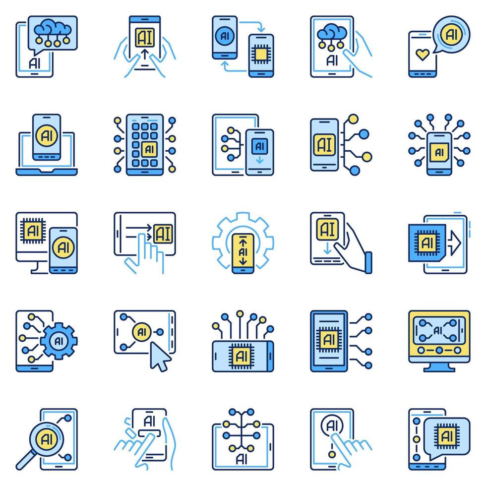 ai smartphone colorato icone impostare. inteligente Telefono con artificiale intelligenza concetto segni vettore