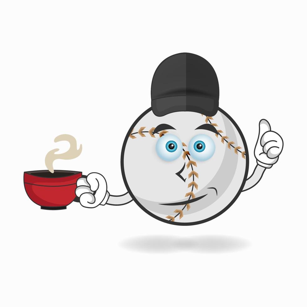 personaggio della mascotte di baseball che tiene una tazza di caffè calda. illustrazione vettoriale