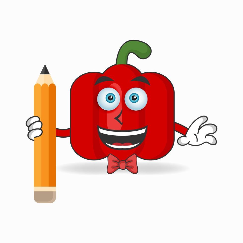 personaggio mascotte paprica rossa che tiene una matita. illustrazione vettoriale