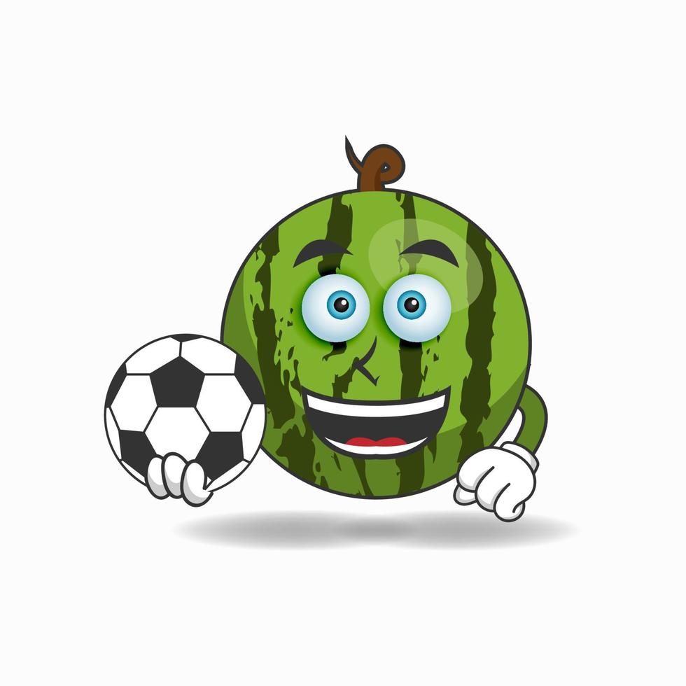 il personaggio mascotte dell'anguria diventa un giocatore di calcio. illustrazione vettoriale