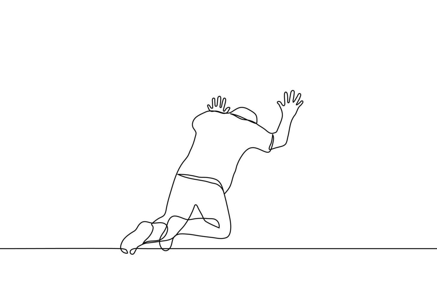 uomo si inginocchia riposo il suo palme contro il parete il suo testa è giù - uno linea disegno vettore. concetto di pesantezza, mentale o fisico crisi, disperazione o dolore vettore