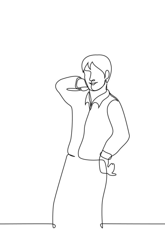 uomo sta scherzosamente sorridente e in posa - uno linea disegno vettore. concetto in posa per foto, maschio moda modello nel camicia, uomo tentare vettore