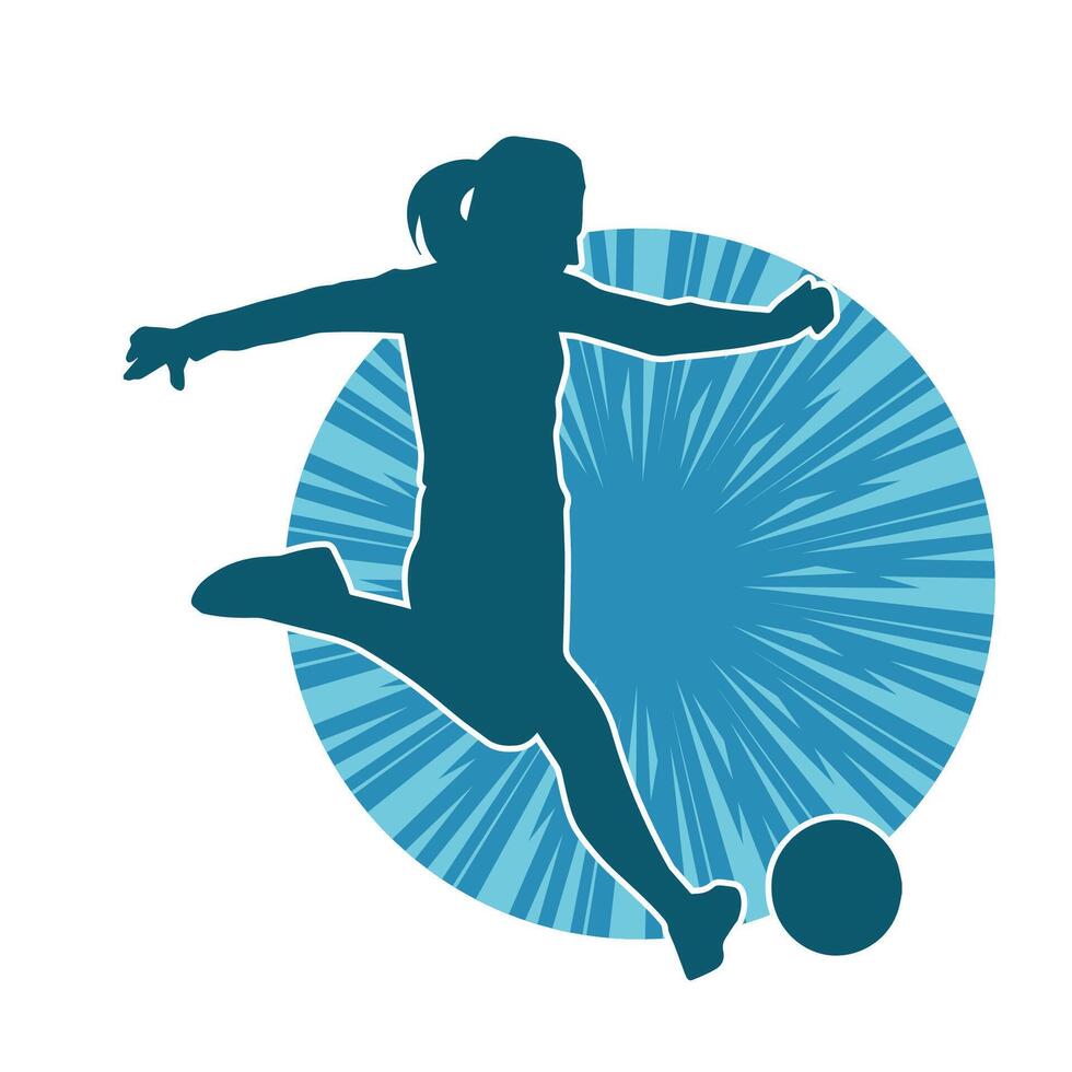 silhouette di un' femmina calcio giocatore calciando un' sfera. silhouette di un' calcio giocatore donna nel azione posa. vettore