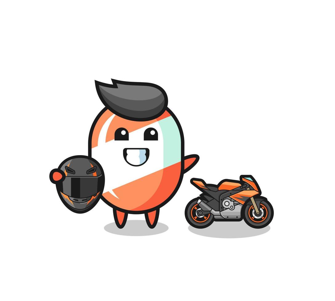 simpatico cartone animato di caramelle come pilota di motociclette vettore