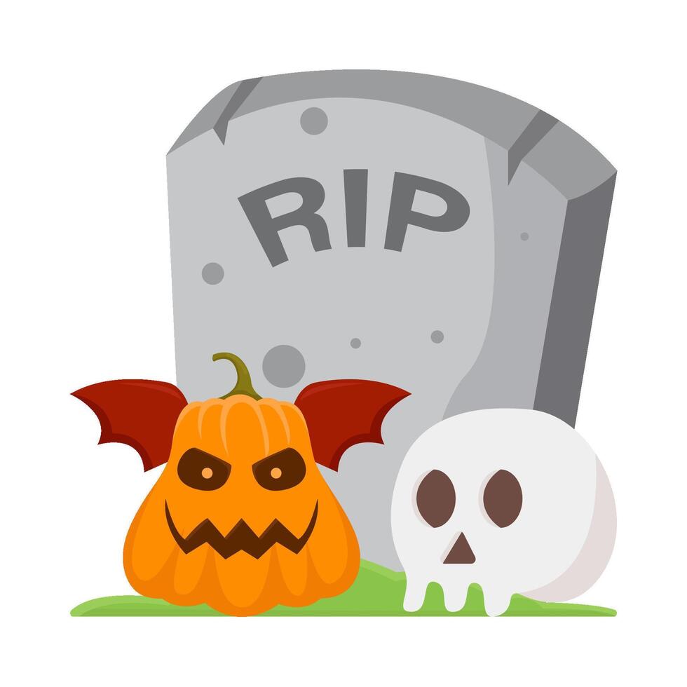 zucca Halloween pipistrello con cranio nel lapide illustrazione vettore