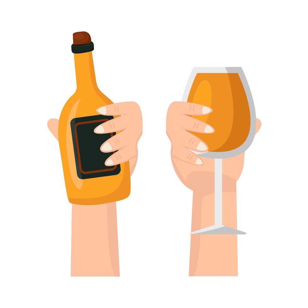 bottiglia alcool con bicchiere alcool bevanda nel mano illustrazione vettore