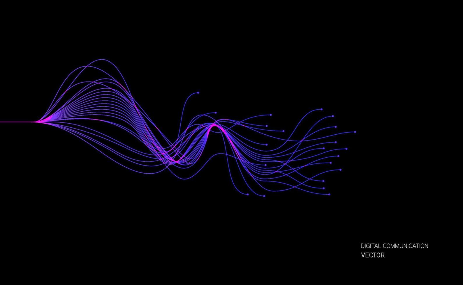 linee d'onda vettoriali che scorrono dinamiche nei colori blu su sfondo nero per il concetto di tecnologia ai, digitale, comunicazione, scienza, musica