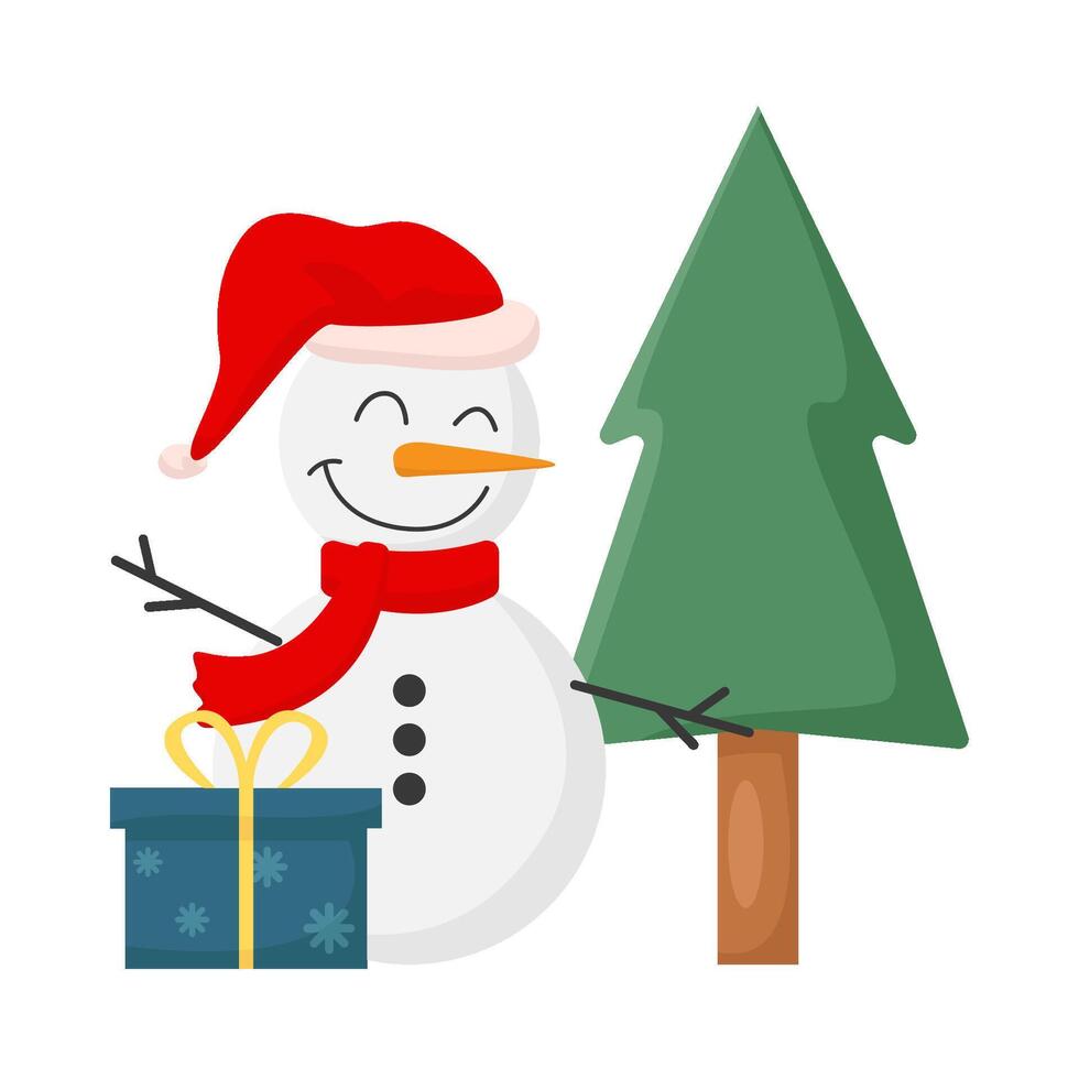 pupazzo di neve, regalo scatola con albero abete rosso illustrazione vettore