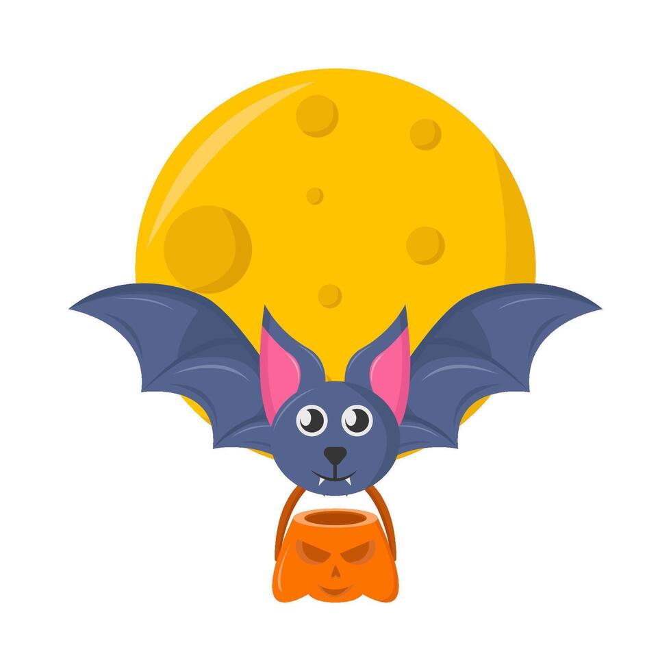 secchio zucca nel pipistrello volare con pieno Luna illustrazione vettore
