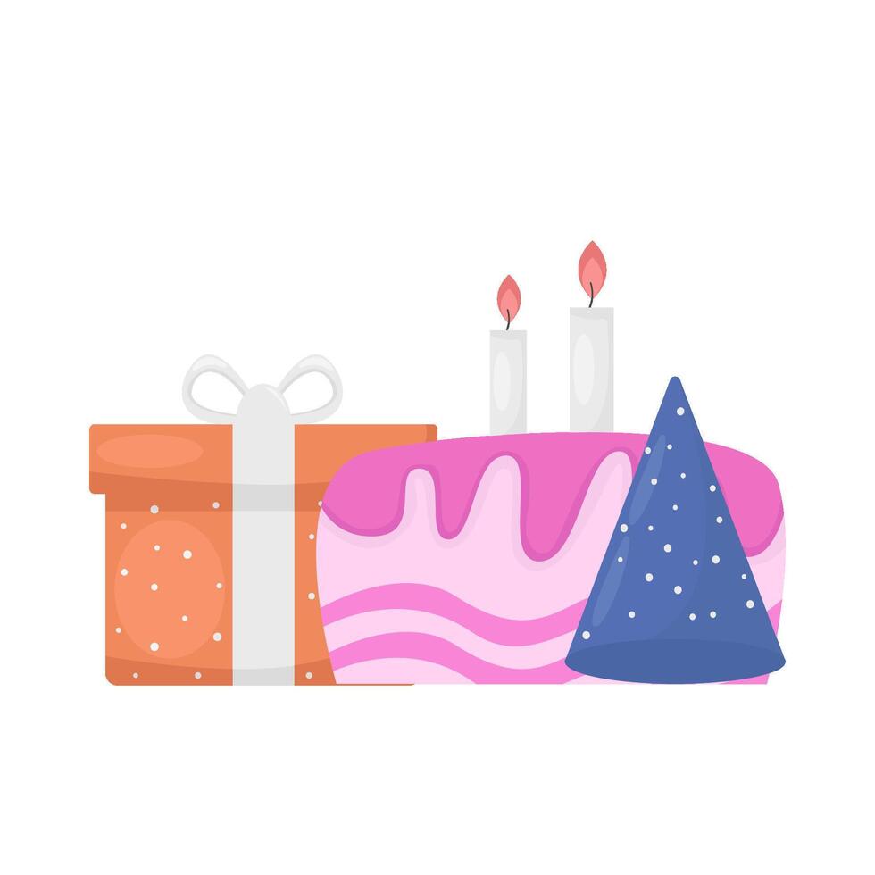 compleanno torta, cappello compleanno festa con regalo scatola illustrazione vettore