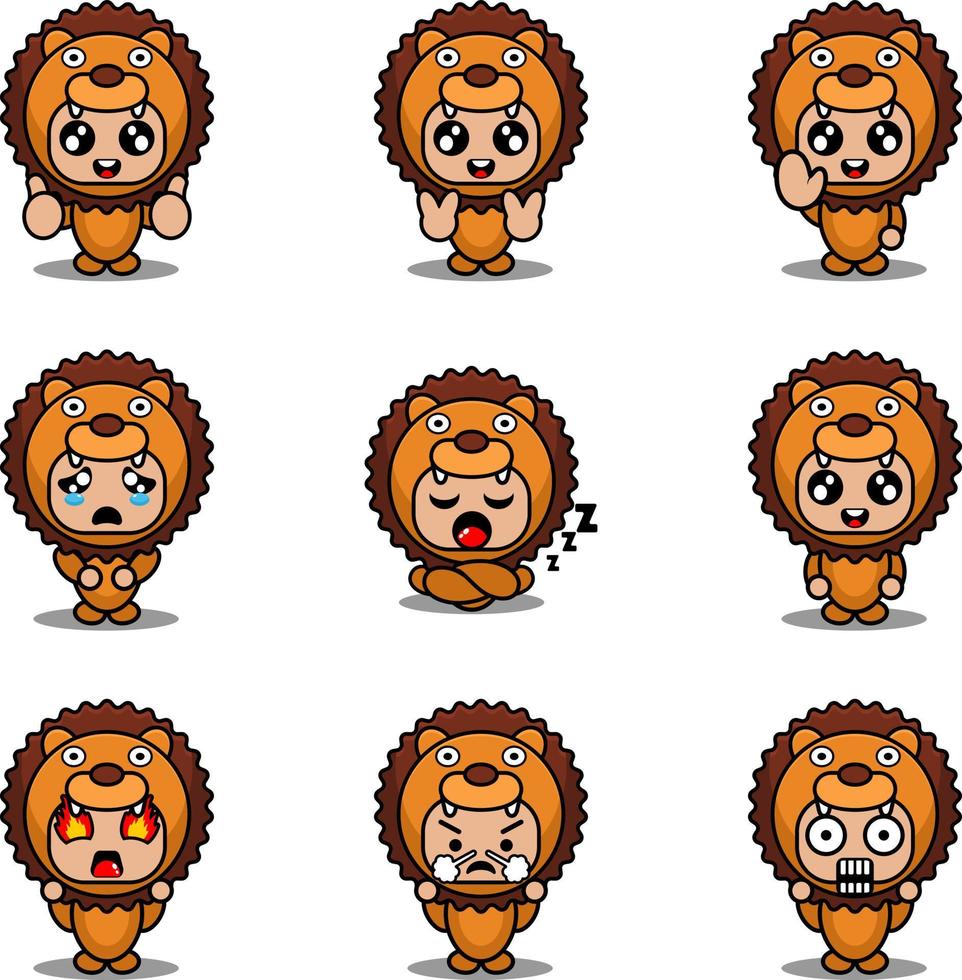 set di espressioni del costume della mascotte illustrazione vettoriale del personaggio dei cartoni animati del leone