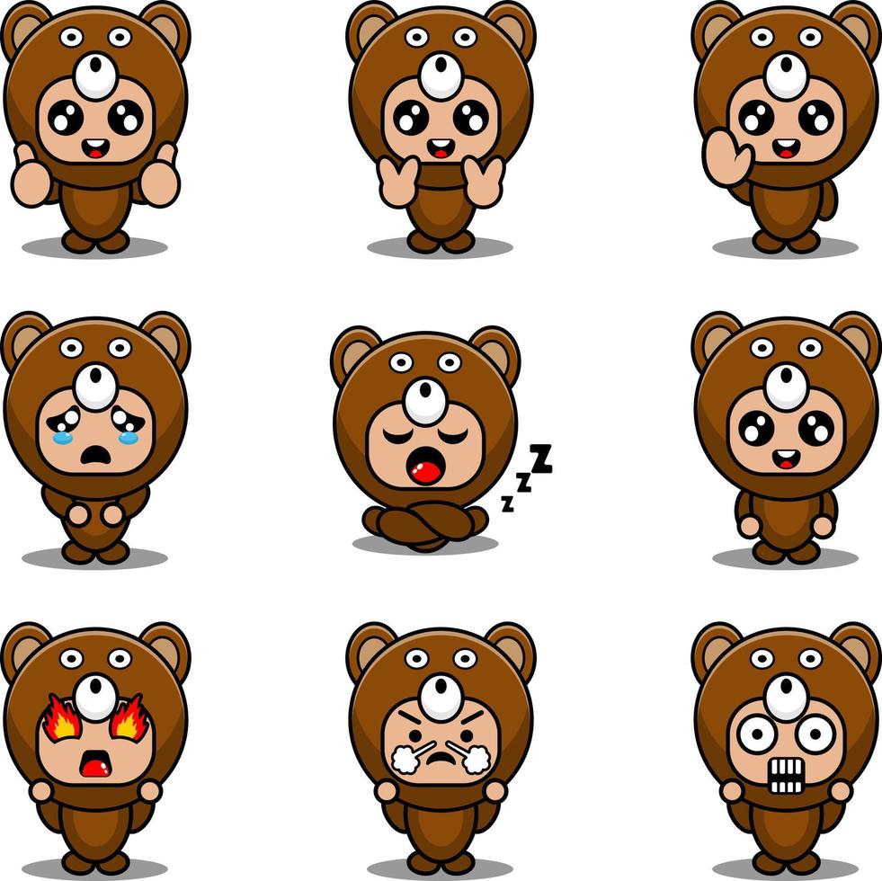 set di espressioni del costume della mascotte illustrazione di vettore del personaggio dell'orso dei cartoni animati