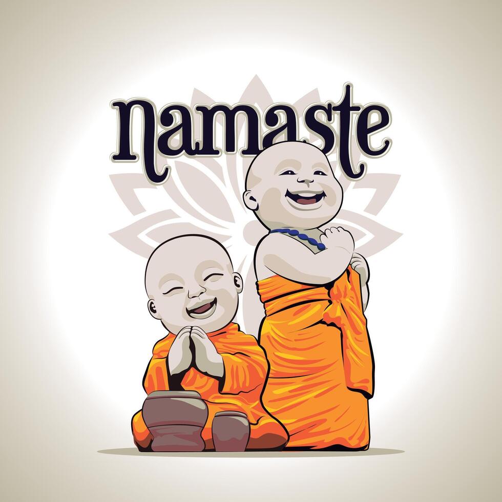 namaste. contento poco buddha In piedi su con tamburellare. buddista monaci cartone animato personaggio statua. vettore